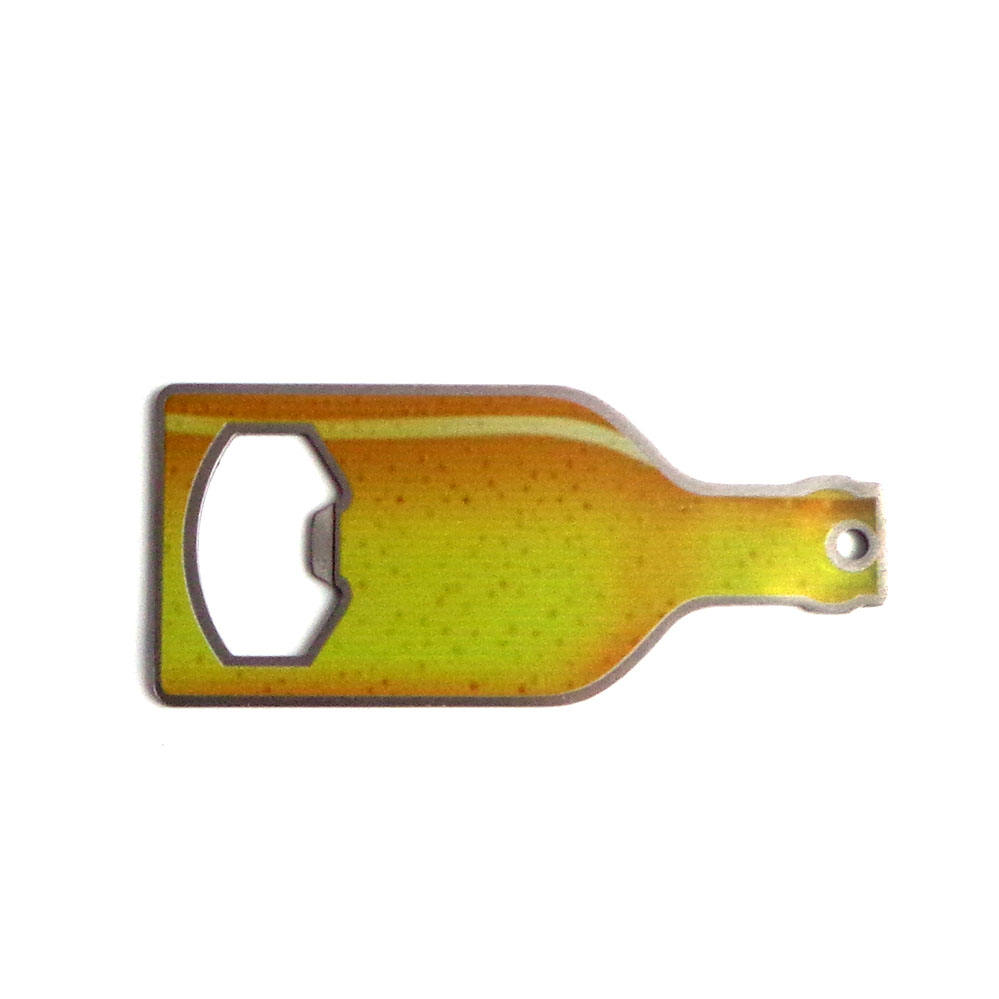 Abrebotellas de acero inoxidable con forma de botella de cerveza de diseño OEM, logotipo personalizado de un solo lado